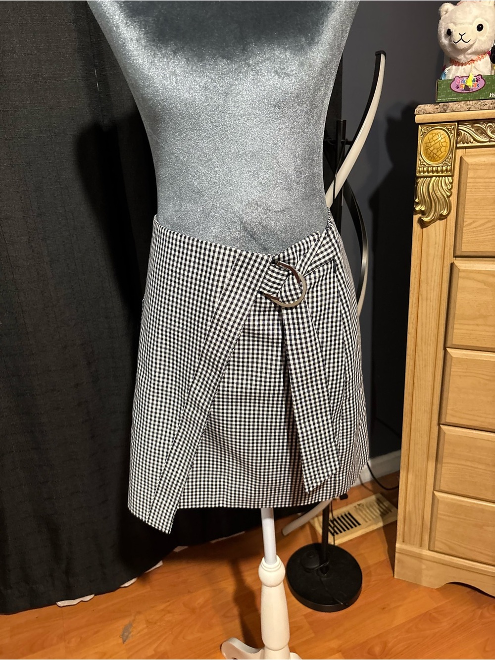 Black & White Gingham Wrap Mini Skirt with D-Ring Accent